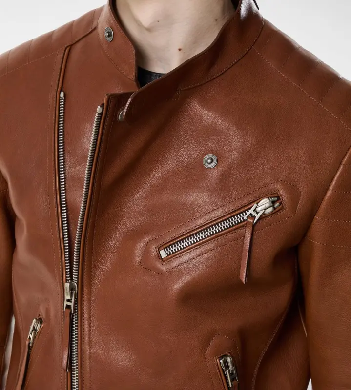 BUFFALO GRAIN LEATHER ASYMMETRIC RACER HAZELNUT online
